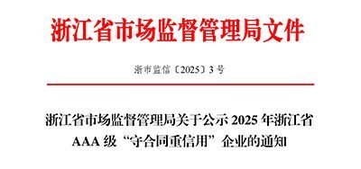 顺隆钢构再度入选浙江省AAA级“守合同重信用”企业